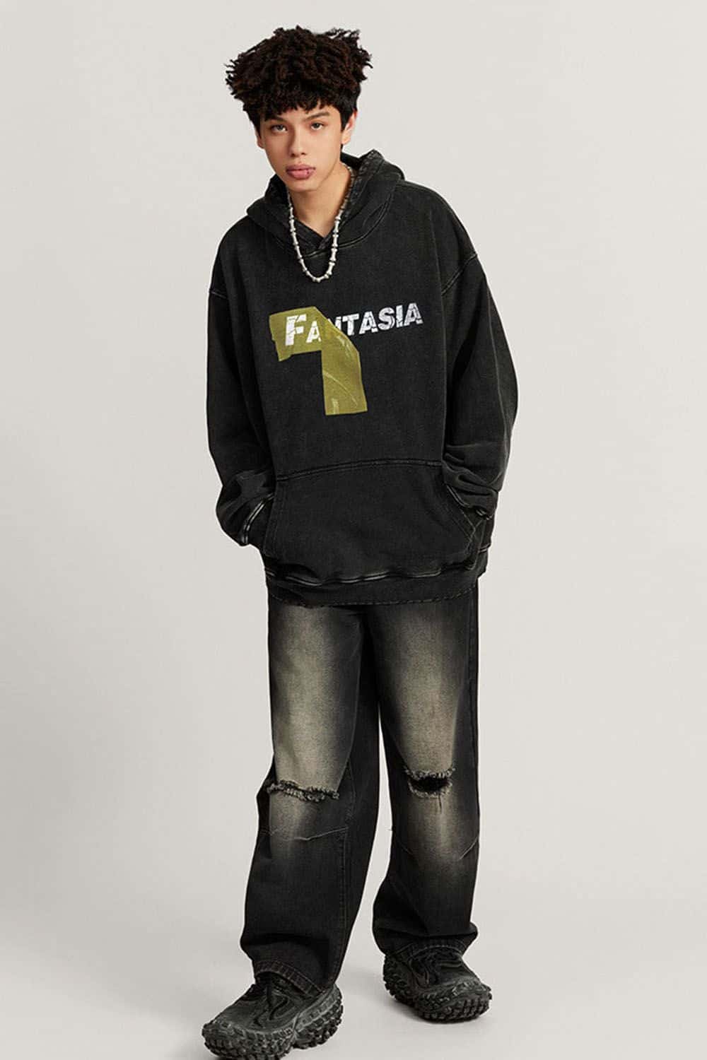Heavyweight Washed Number-Graphic Cotton Pullover Hoodie in Fried Snowflakes - full-length front modeled view