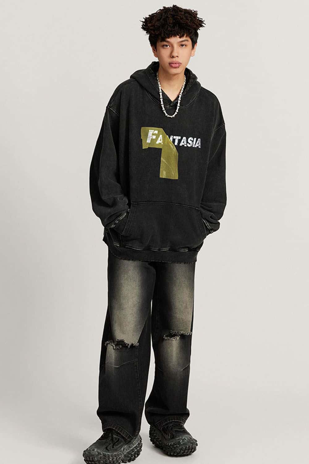 Heavyweight Washed Number-Graphic Cotton Pullover Hoodie in Fried Snowflakes - full-length front modeled view