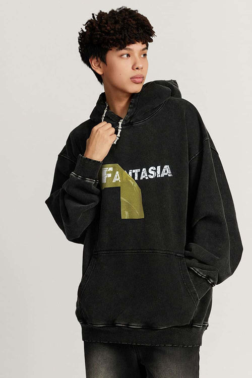 Heavyweight Washed Number-Graphic Cotton Pullover Hoodie in Fried Snowflakes - front modeled close-up