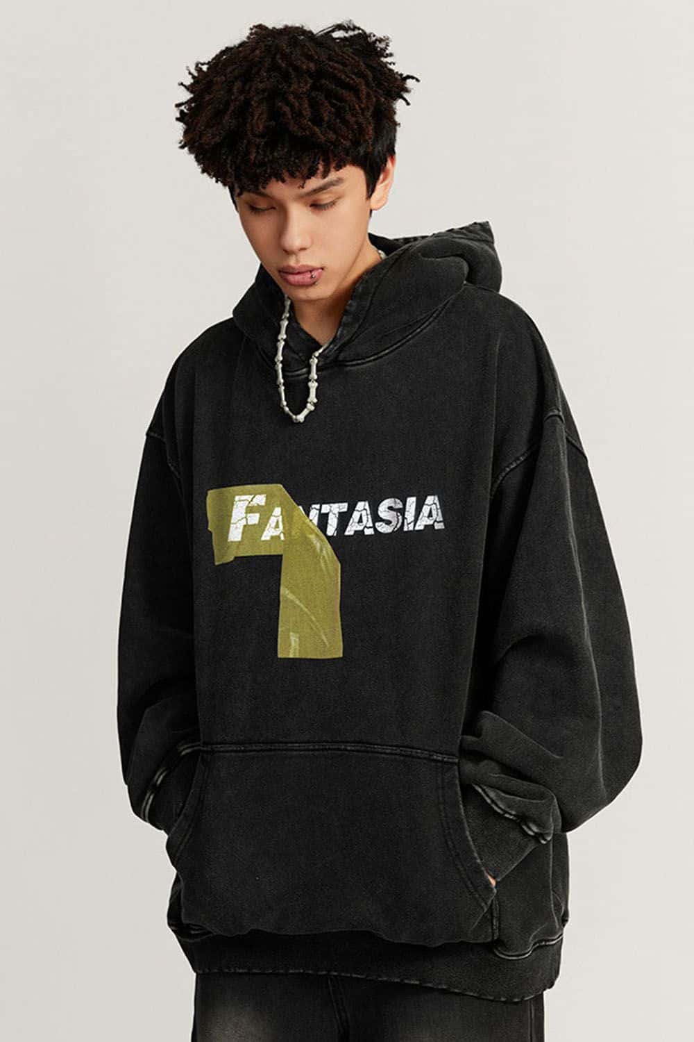 Heavyweight Washed Number-Graphic Cotton Pullover Hoodie in Fried Snowflakes - front modeled close-up