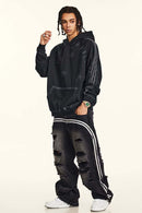Distressed Paint-Splatter Pullover Hoodie - Black