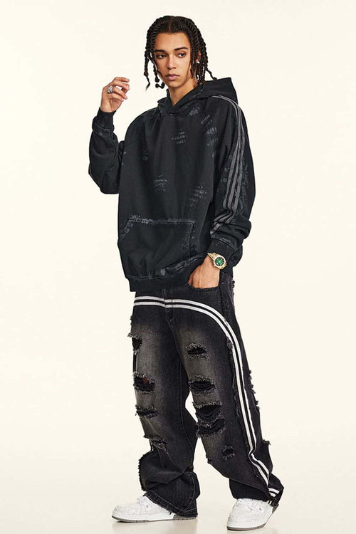 Distressed Paint-Splatter Pullover Hoodie - Black