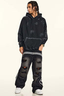 Distressed Paint-Splatter Pullover Hoodie - Black