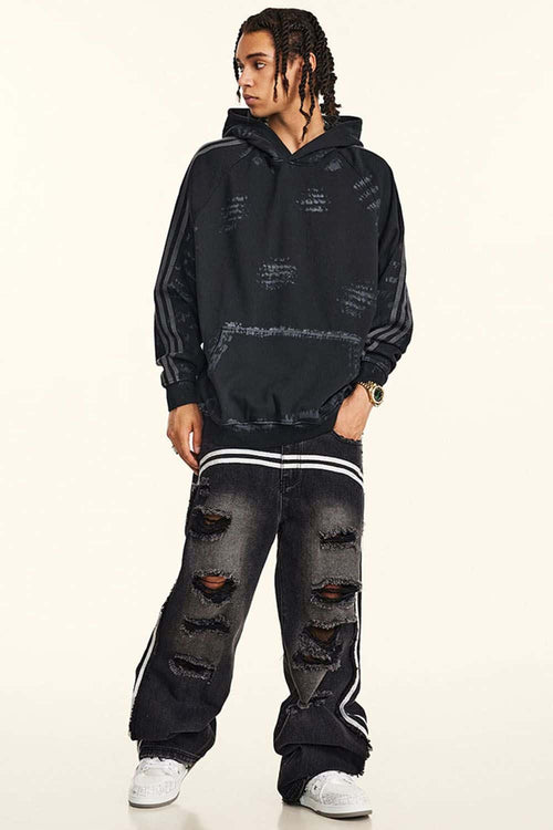 Distressed Paint-Splatter Pullover Hoodie - Black