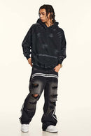 Distressed Paint-Splatter Pullover Hoodie - Black