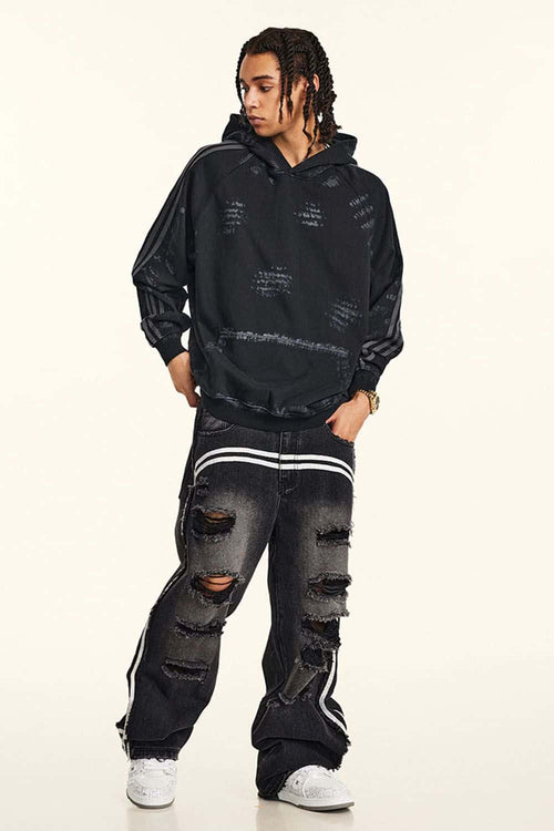 Distressed Paint-Splatter Pullover Hoodie - Black