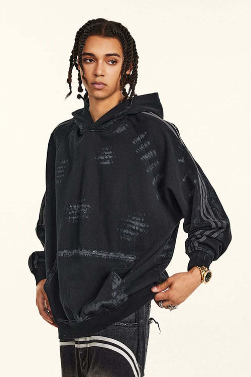 Distressed Paint-Splatter Pullover Hoodie - Black