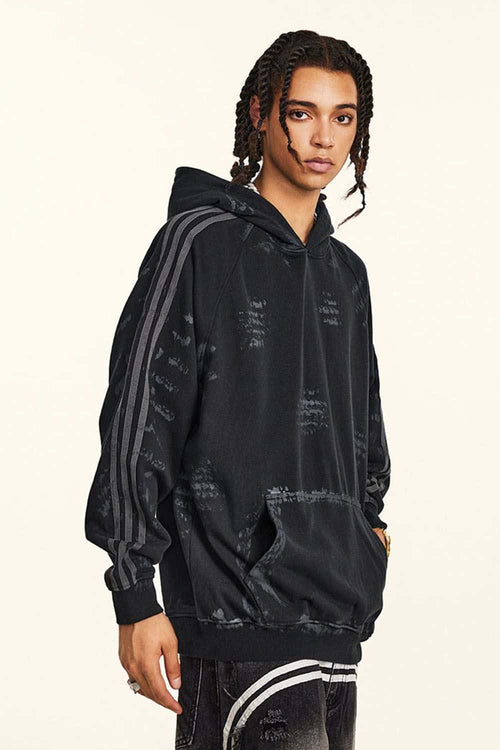 Distressed Paint-Splatter Pullover Hoodie - Black