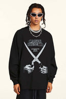 Crossed-Scissors Graphic Long-Sleeve Tee in Black - front product view