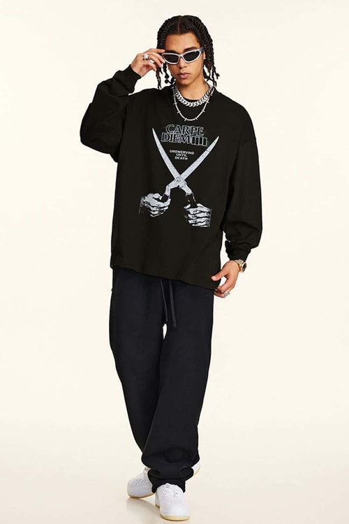 Crossed-Scissors Graphic Long-Sleeve Tee in Black - full-length front modeled view