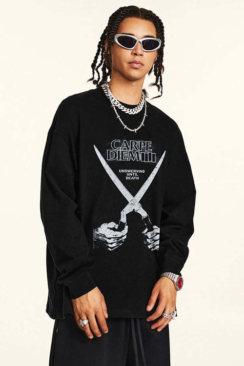 Crossed-Scissors Graphic Long-Sleeve Tee in Black - product detail close-up