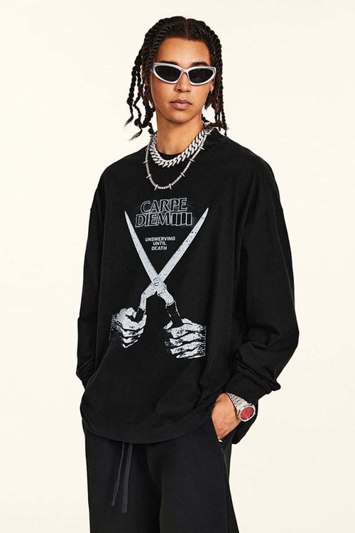 Crossed-Scissors Graphic Long-Sleeve Tee in Black - front product view