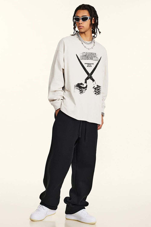 Crossed-Scissors Graphic Long-Sleeve Tee in Sandy Apricot - full-length front modeled view
