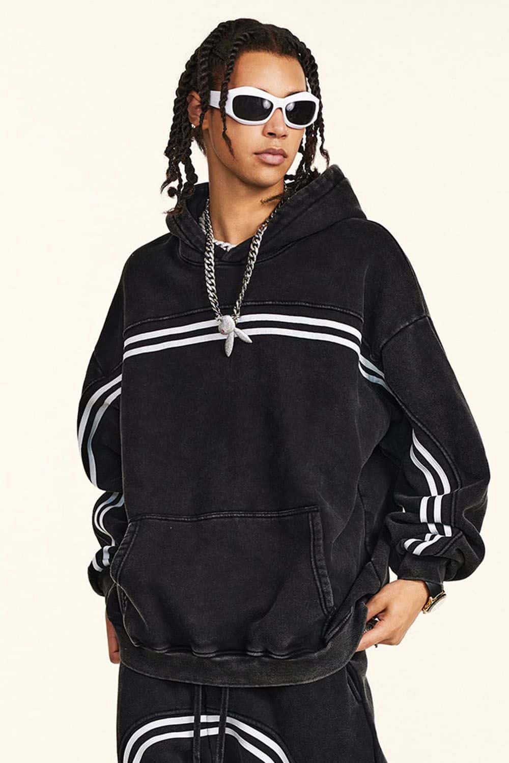 Vintage Washed Black Hoodie with White Stripes