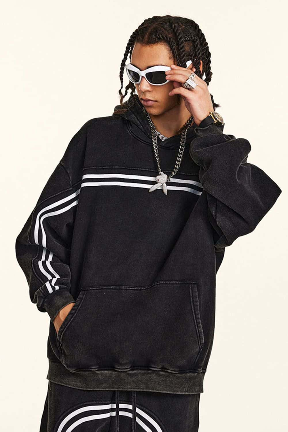 Vintage Washed Black Hoodie with White Stripes