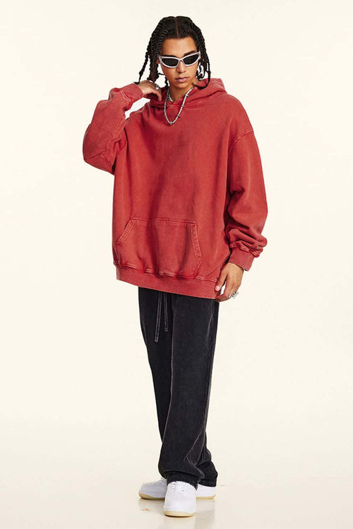 Heavyweight Wax-Dyed Distressed Hoodie - Red
