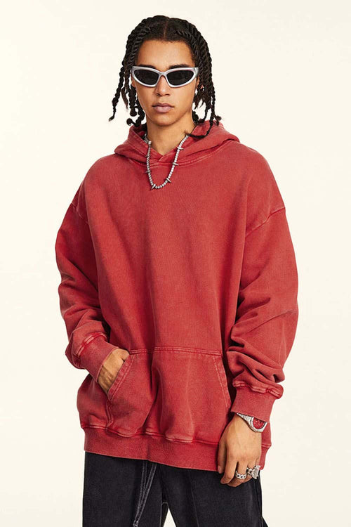 Heavyweight Wax-Dyed Distressed Hoodie - Red