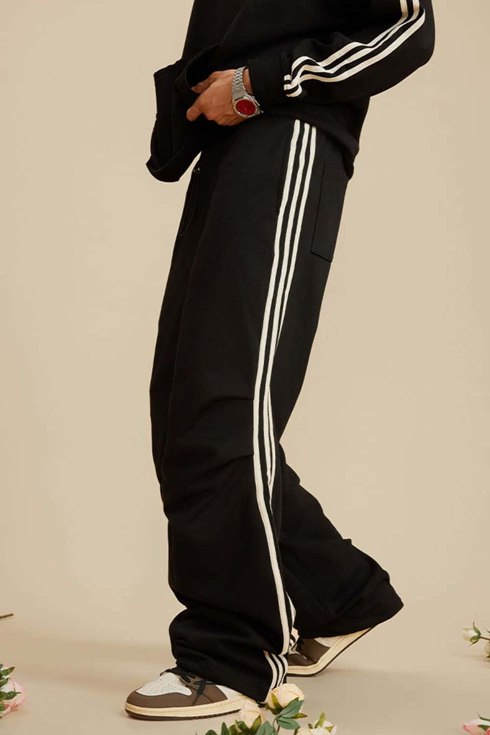 Vintage Heavyweight Wide-Leg Track Pants with Triple Stripe Detail