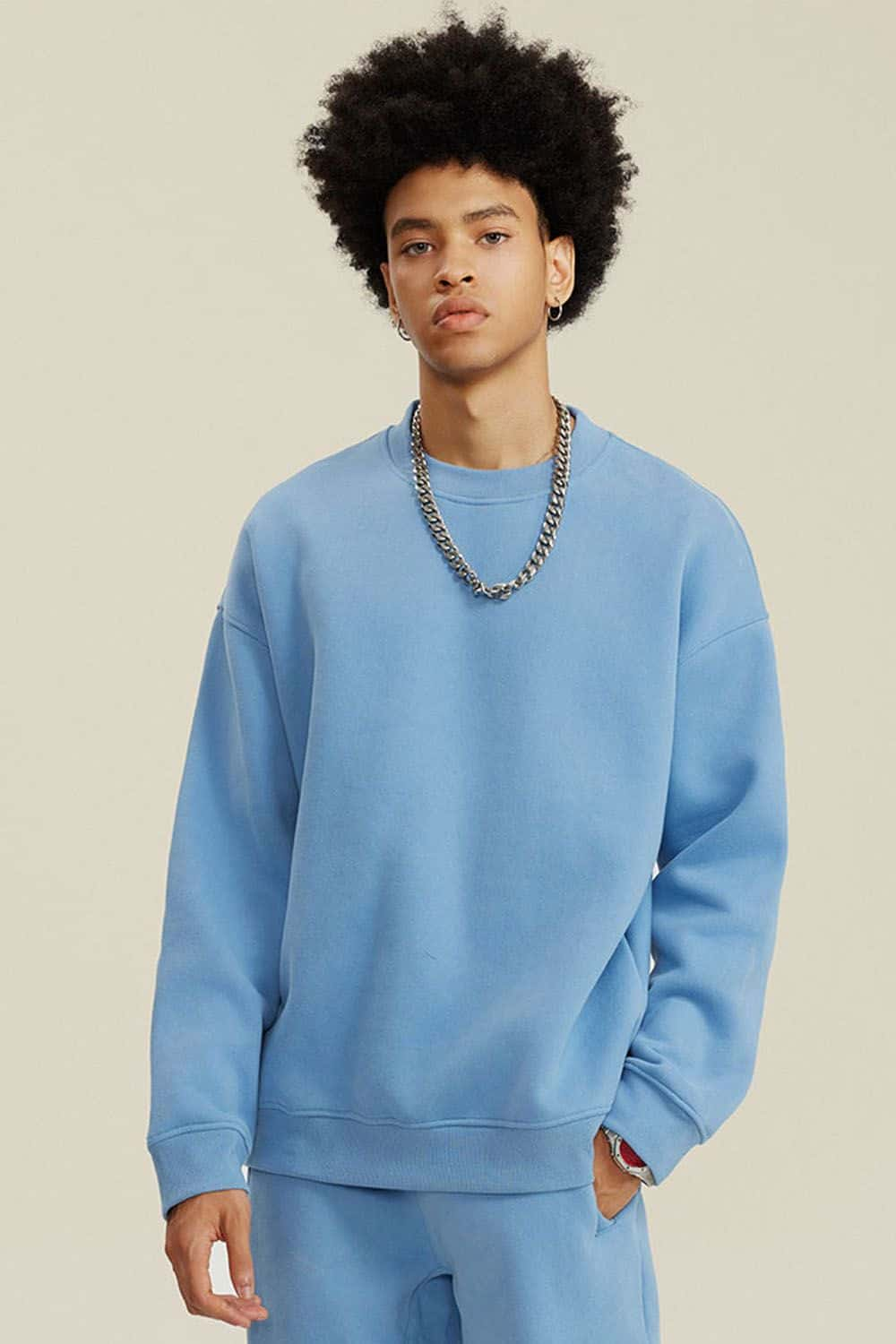 Fleece-Lined Casual Crew Neck Sweatshirt in Solid Color