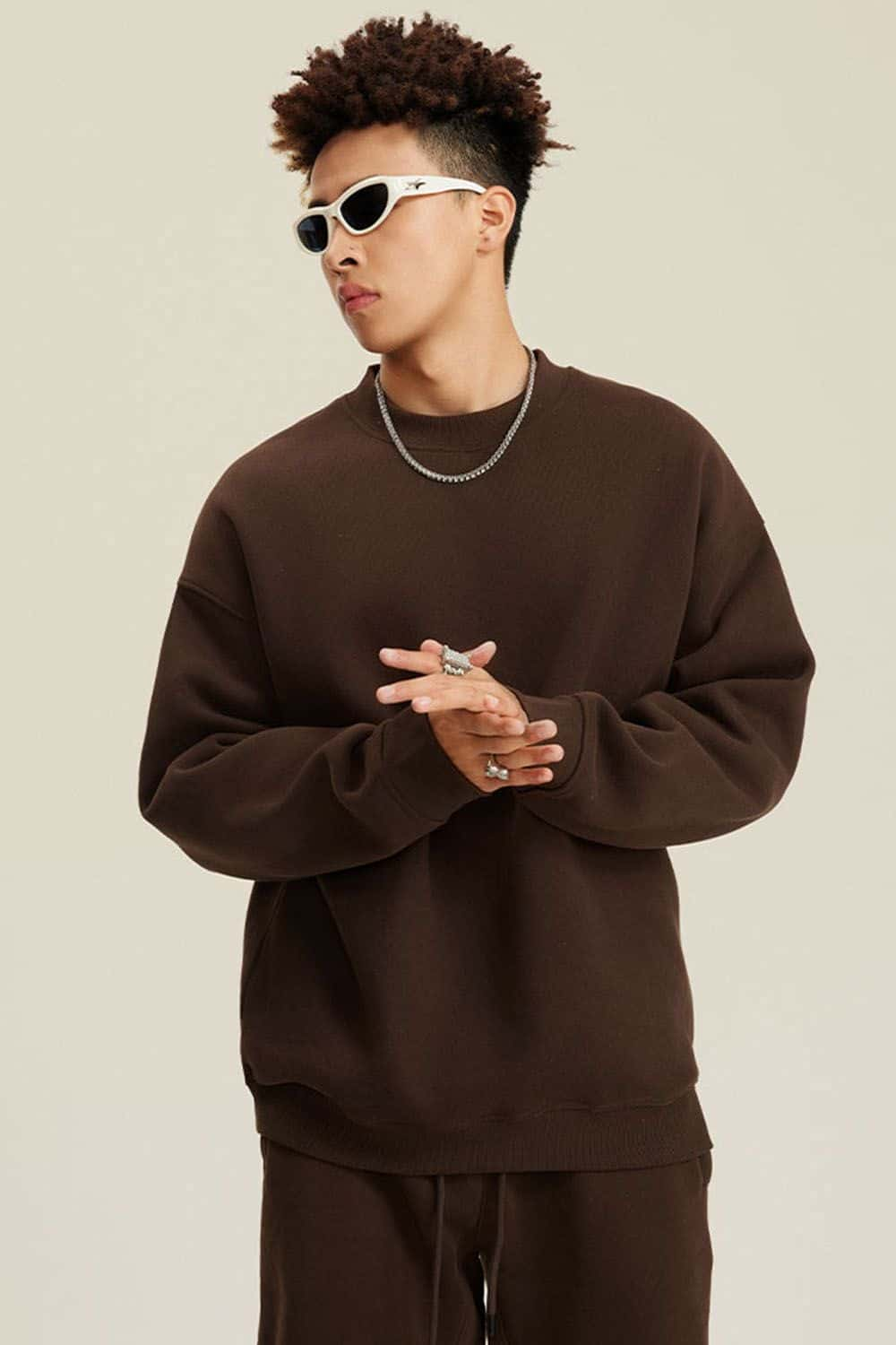 Fleece-Lined Casual Crew Neck Sweatshirt in Solid Color