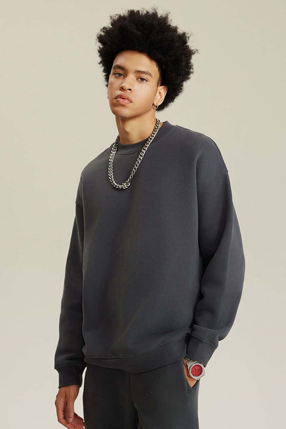 Fleece-Lined Casual Crew Neck Sweatshirt in Solid Color