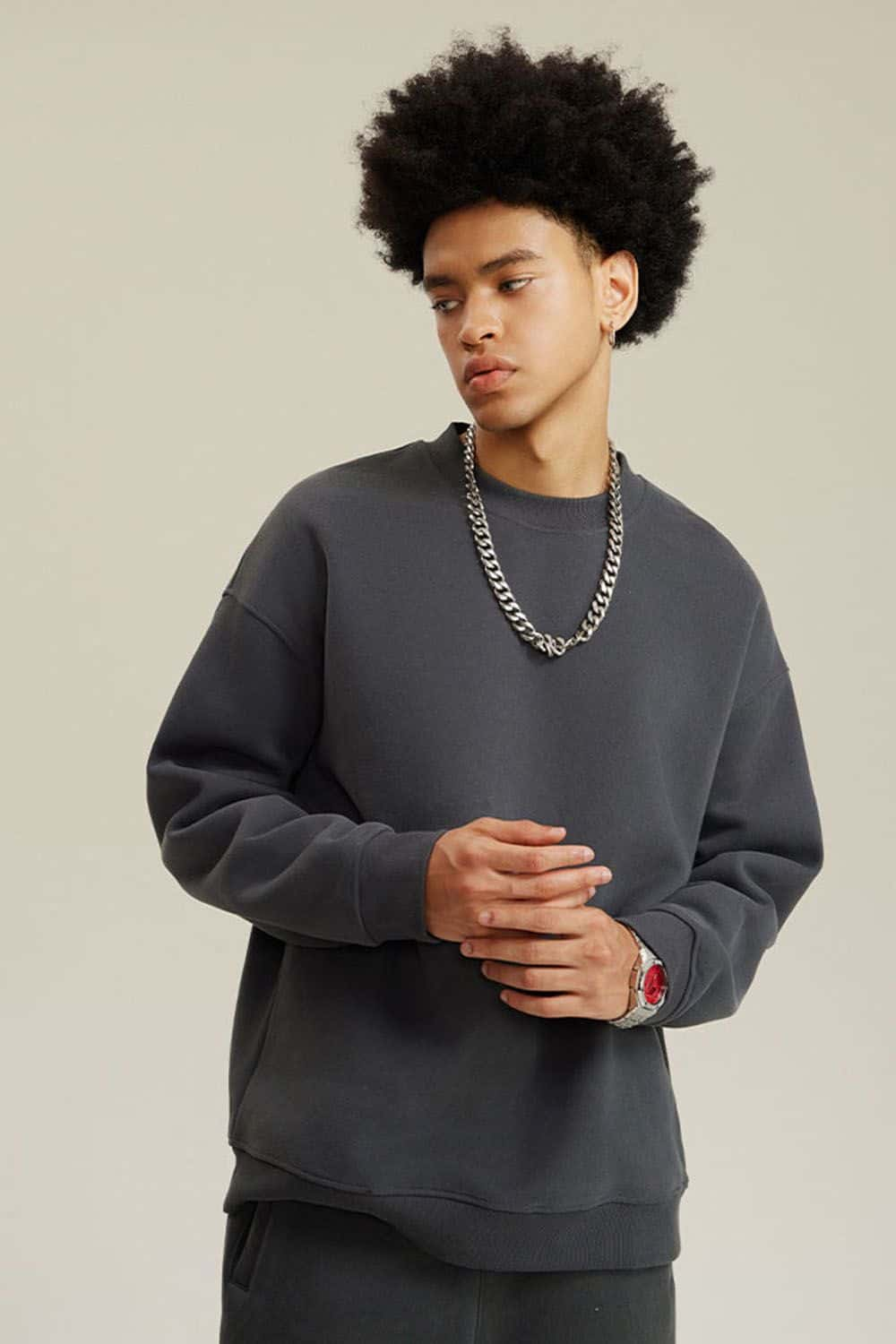 Fleece-Lined Casual Crew Neck Sweatshirt in Solid Color