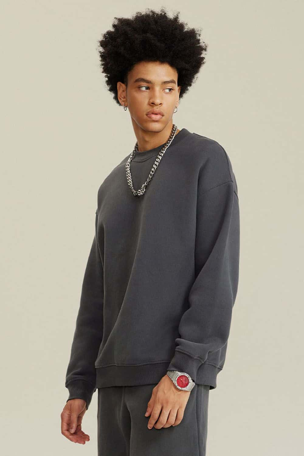 Fleece-Lined Casual Crew Neck Sweatshirt in Solid Color