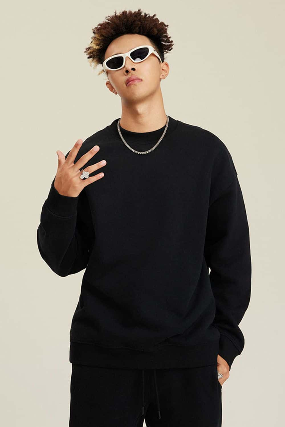 Fleece-Lined Casual Crew Neck Sweatshirt in Solid Color