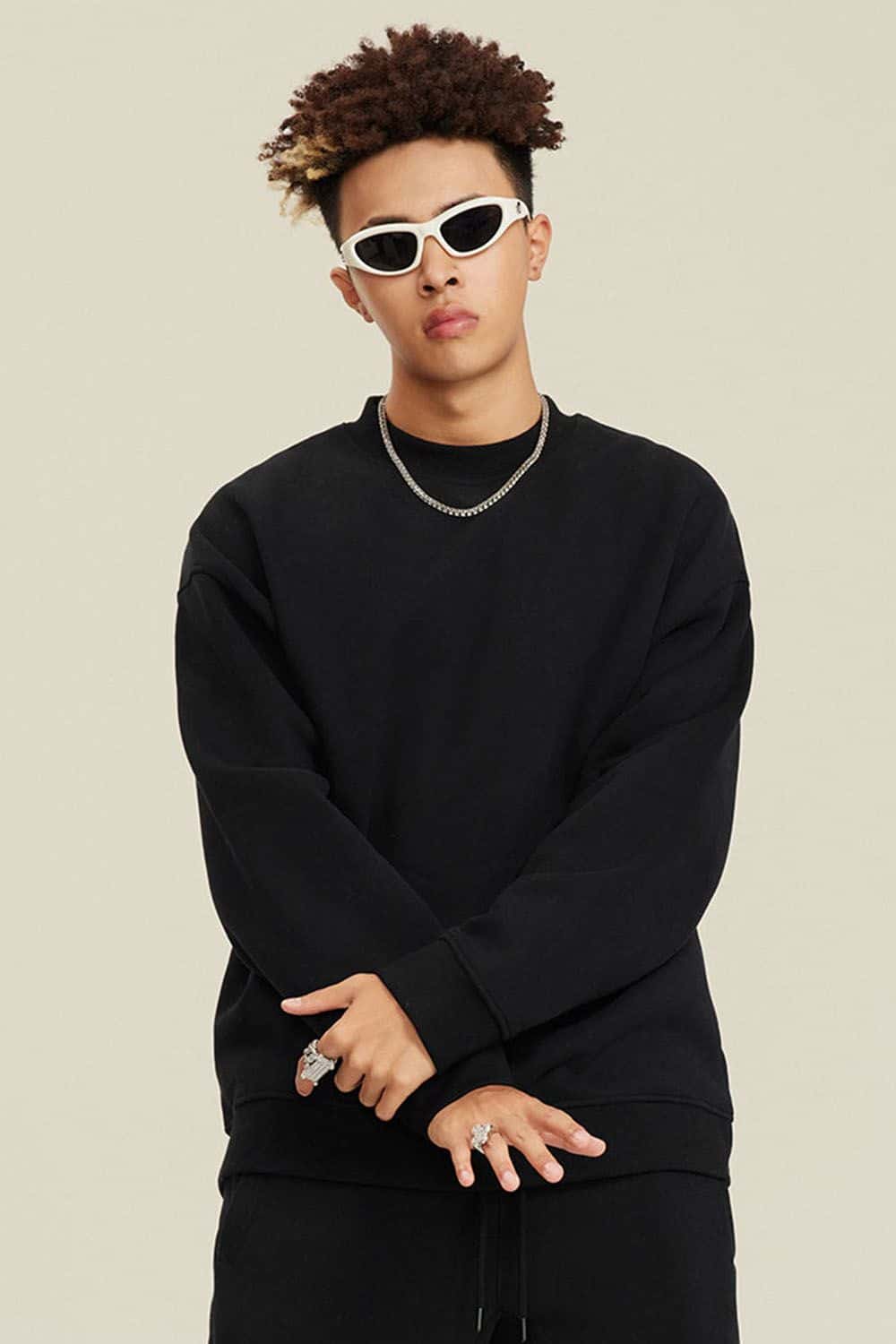 Heavyweight Brushed Fleece Relaxed Crew-Neck Sweatshirt in Black - front modeled view