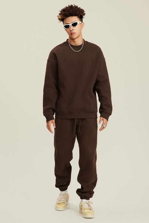 Heavyweight Brushed Fleece Relaxed Crew-Neck Sweatshirt in Brown - full-length front modeled view