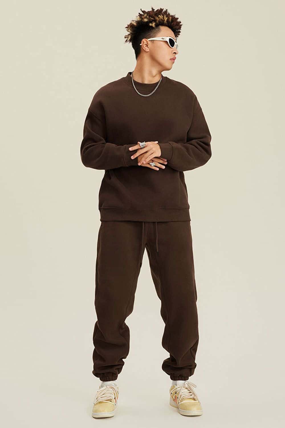 Heavyweight Brushed Fleece Relaxed Crew-Neck Sweatshirt in Brown - full-length front modeled view