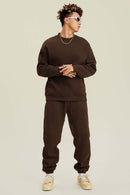 Heavyweight Brushed Fleece Relaxed Crew-Neck Sweatshirt in Brown - full-length front modeled view