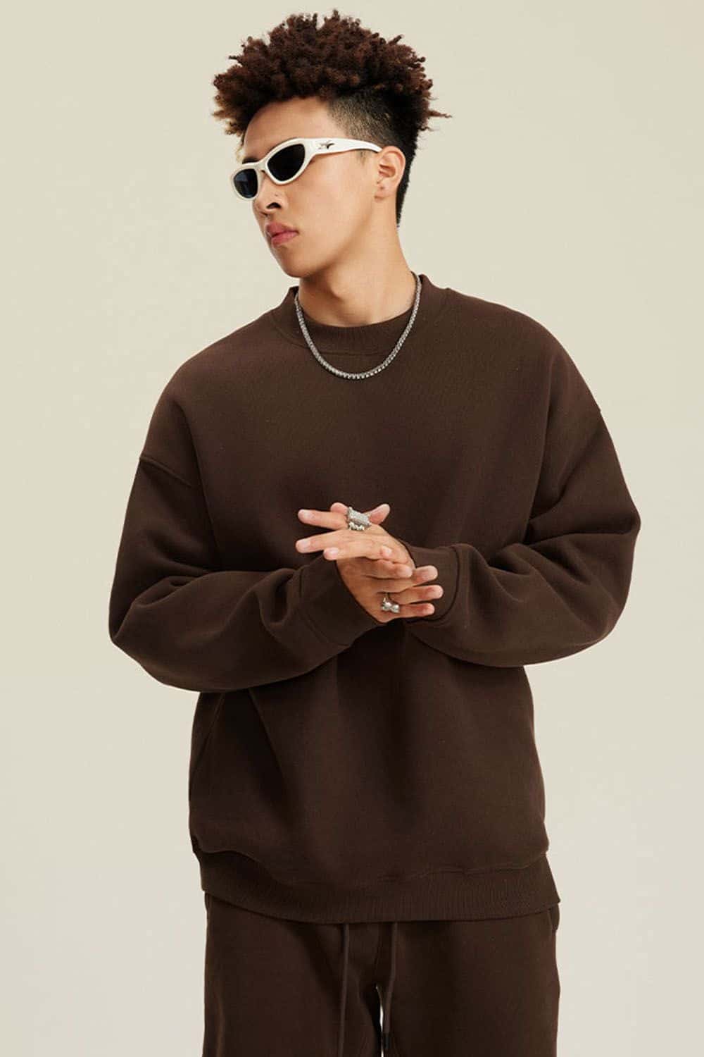 Heavyweight Brushed Fleece Relaxed Crew-Neck Sweatshirt in Brown - front modeled view