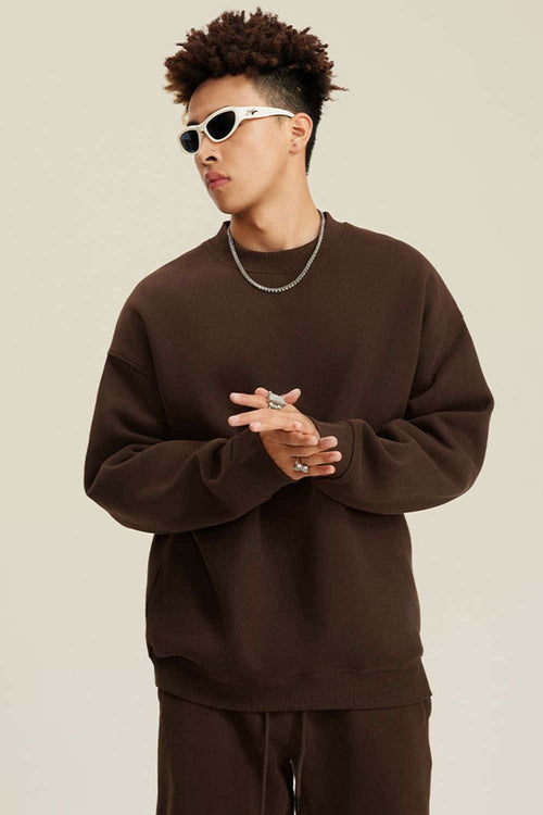 Heavyweight Brushed Fleece Relaxed Crew-Neck Sweatshirt in Brown - front modeled view