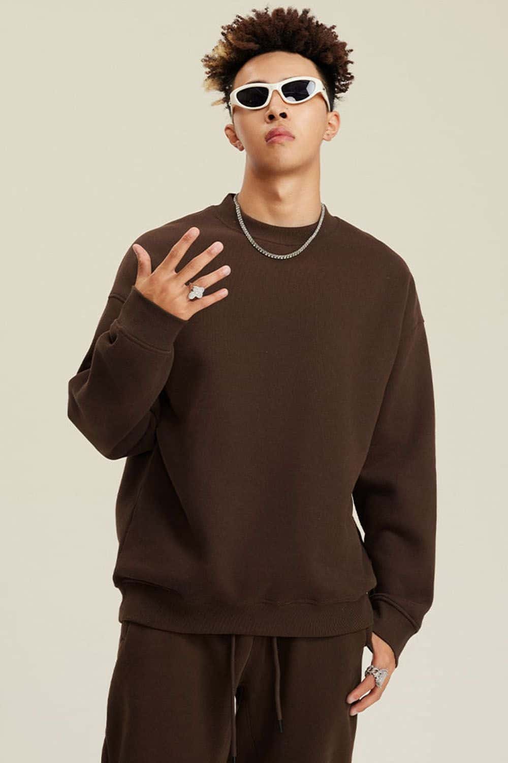Heavyweight Brushed Fleece Relaxed Crew-Neck Sweatshirt in Brown - front modeled view