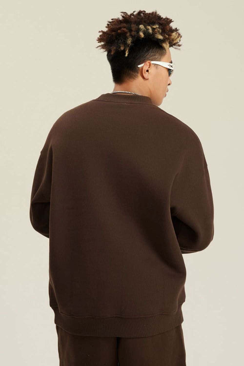 Heavyweight Brushed Fleece Relaxed Crew-Neck Sweatshirt in Brown - back modeled view