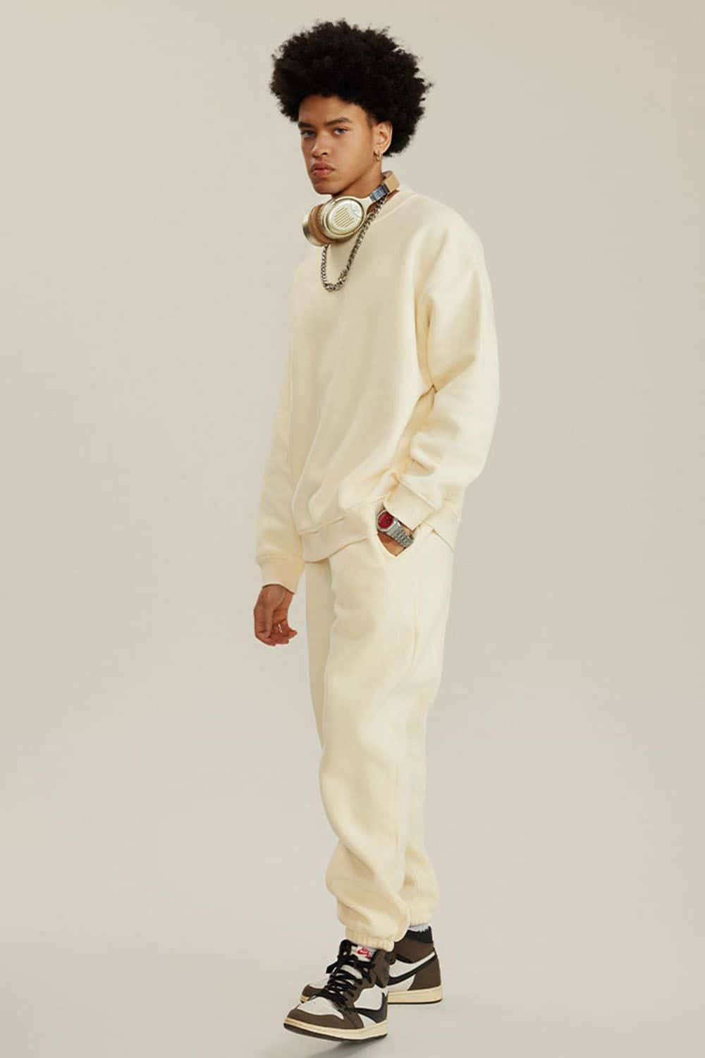Heavyweight Brushed Fleece Relaxed Crew-Neck Sweatshirt in Cream Apricot - full-length front modeled view