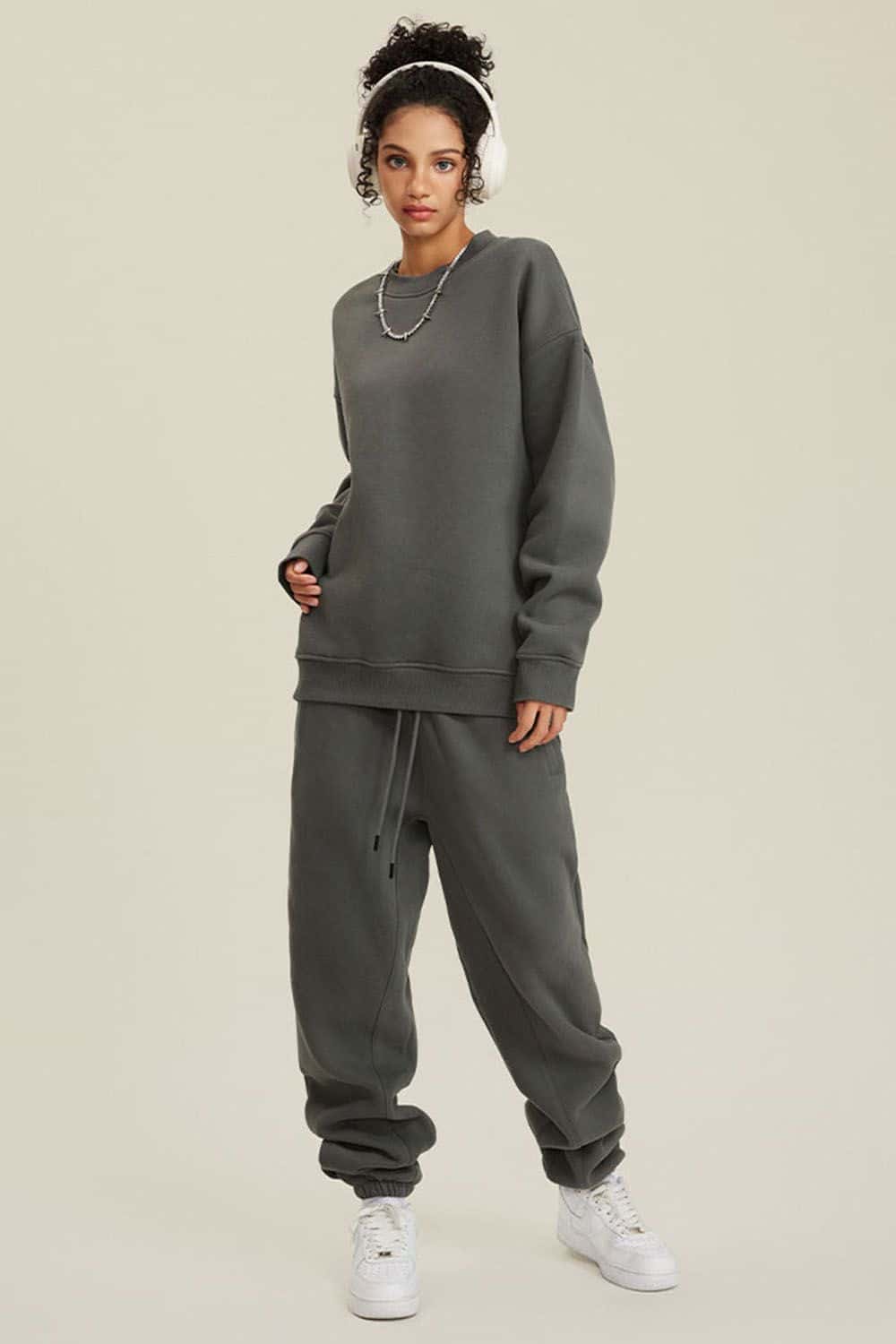 Heavyweight Brushed Fleece Relaxed Crew-Neck Sweatshirt in Gray Brown - full-length front modeled view