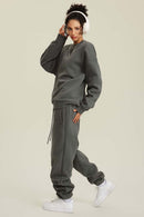 Heavyweight Brushed Fleece Relaxed Crew-Neck Sweatshirt in Gray Brown - full-length front modeled view