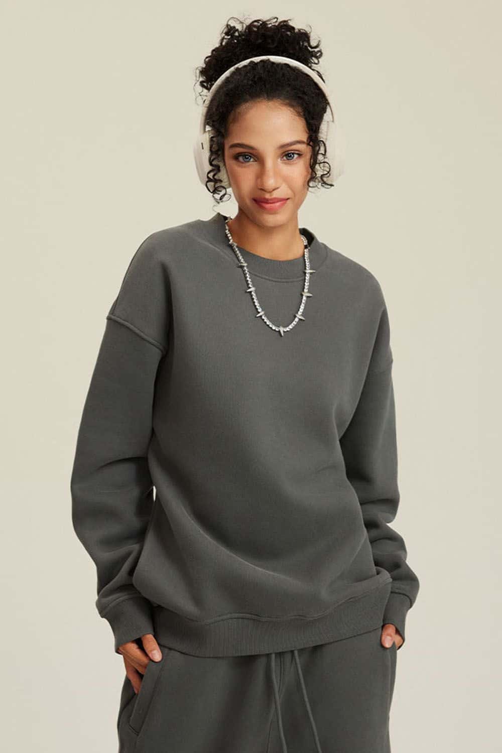Heavyweight Brushed Fleece Relaxed Crew-Neck Sweatshirt in Gray Brown - front modeled view