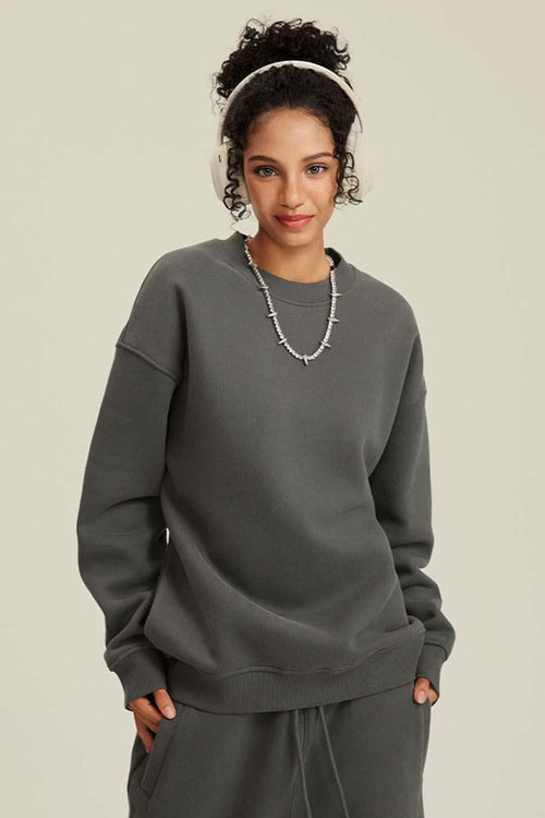 Heavyweight Brushed Fleece Relaxed Crew-Neck Sweatshirt in Gray Brown - front modeled view