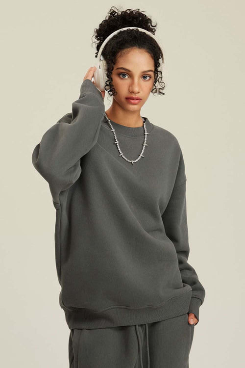 Heavyweight Brushed Fleece Relaxed Crew-Neck Sweatshirt in Gray Brown - front modeled view