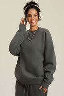 Heavyweight Brushed Fleece Relaxed Crew-Neck Sweatshirt in Gray Brown - front modeled view