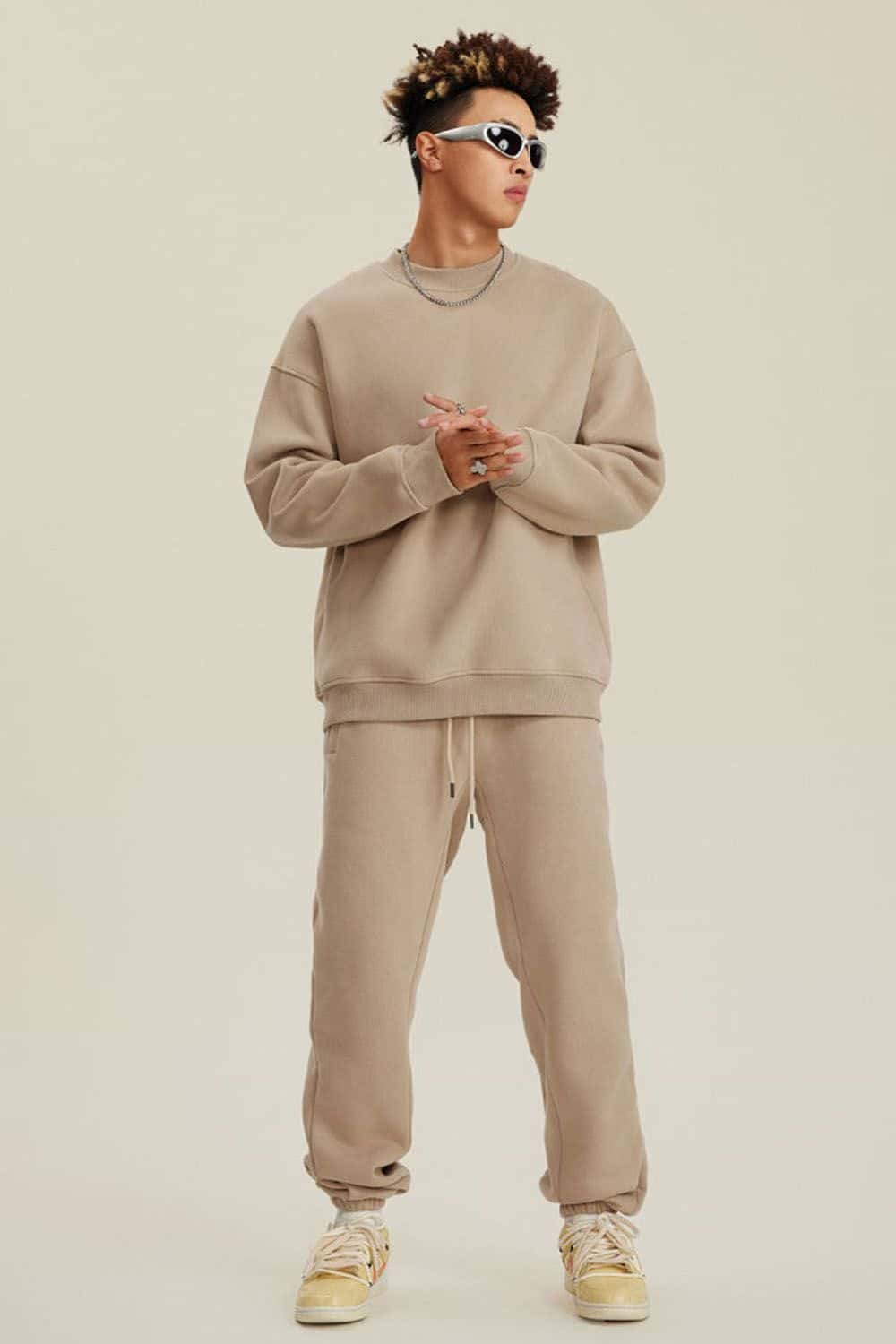 Heavyweight Brushed Fleece Relaxed Crew-Neck Sweatshirt in Khaki - full-length front modeled view