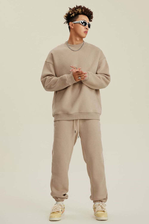 Heavyweight Brushed Fleece Relaxed Crew-Neck Sweatshirt in Khaki - full-length front modeled view