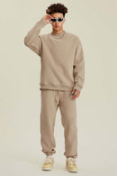 Heavyweight Brushed Fleece Relaxed Crew-Neck Sweatshirt in Khaki - full-length front modeled view