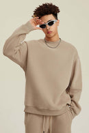 Heavyweight Brushed Fleece Relaxed Crew-Neck Sweatshirt in Khaki - front modeled view