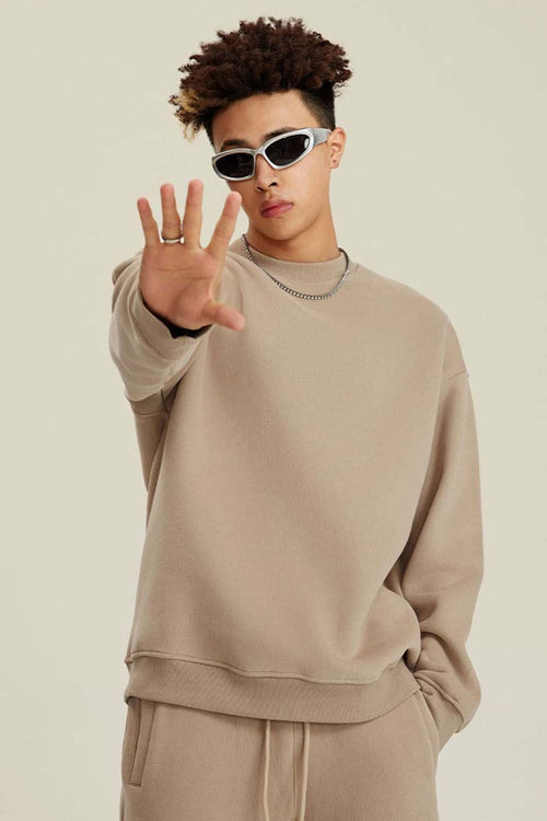 Heavyweight Brushed Fleece Relaxed Crew-Neck Sweatshirt in Khaki - front modeled view