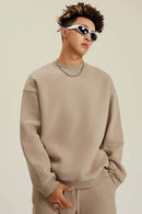 Heavyweight Brushed Fleece Relaxed Crew-Neck Sweatshirt in Khaki - front modeled view
