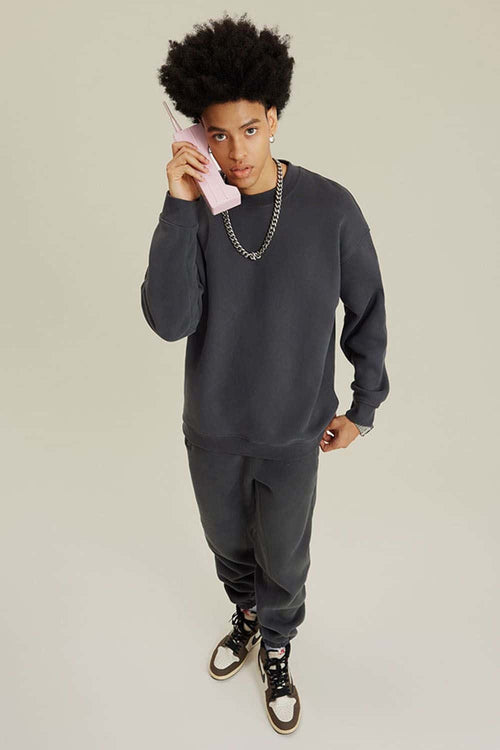 Heavyweight Brushed Fleece Relaxed Crew-Neck Sweatshirt in Medium Gray - full-length front modeled view